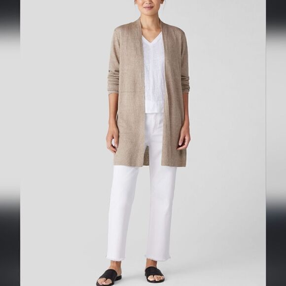 EILEEN FISHER Women's Ribbed Knit Tencel Open Long Cardigan Sweater Tan S - Picture 1 of 10